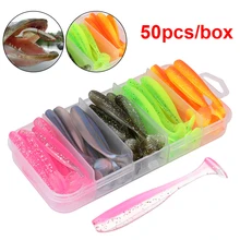 50Pcs/Box Fishing Lure T Tail Spinner Soft Artificial Bait Paddle Tail Soft Worm Carp Bass Freshwater Fishing Tackle Accessories