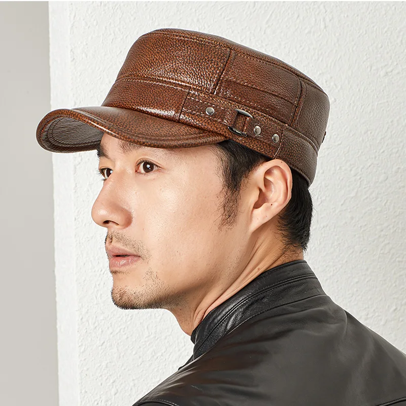 

Genuine Leather Cap Men's Flat Caps Army Military Hat Elegant Man Baseball Cap British Vintage Cowhide Baseball Cap