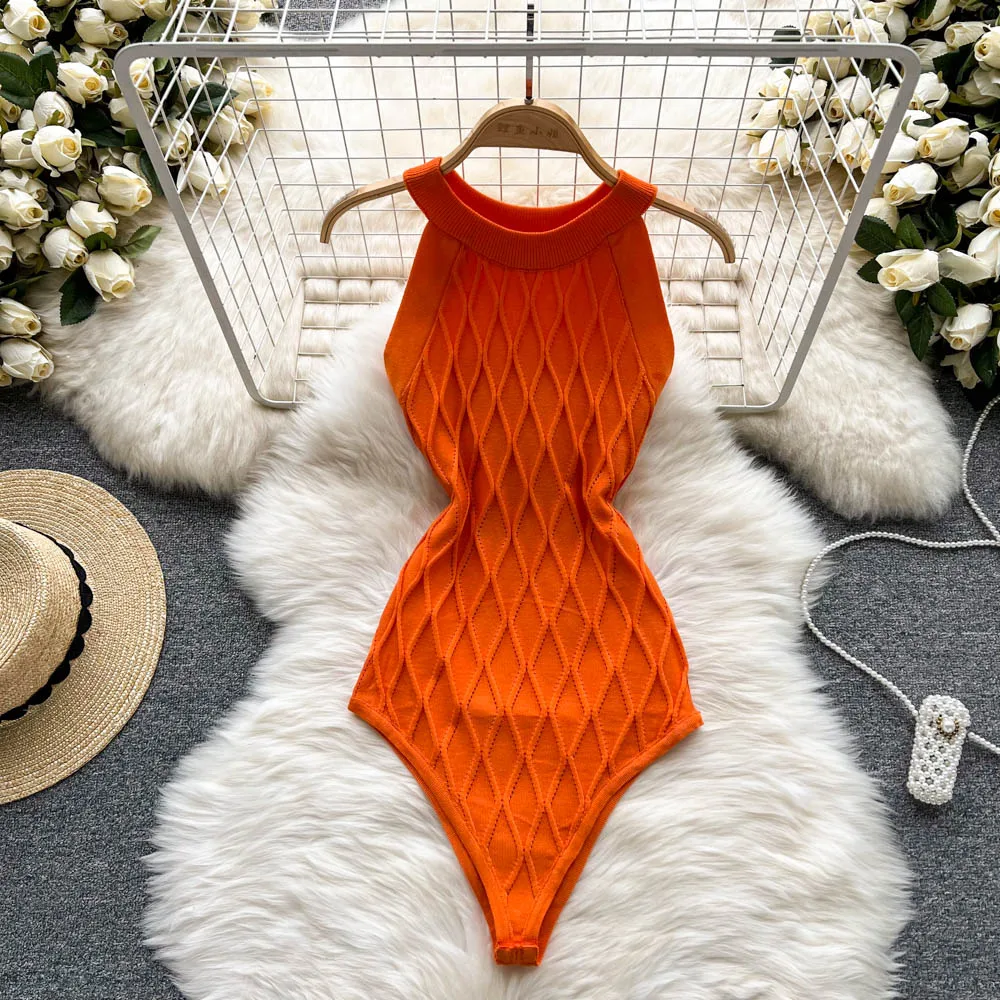 

Women Sexy Off Shoulder Halter Slim Rompers Chic Sleeveless Fashion Plaid Knit Elastic Bodycon Jumpsuits Summer Casual Bodysuit