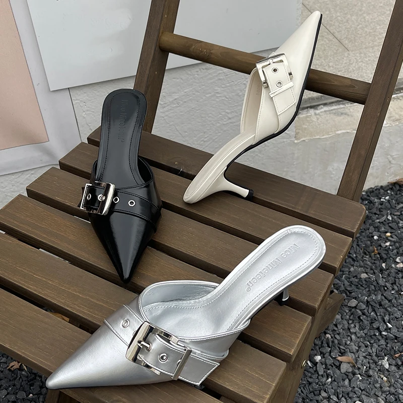 

Женские туфли без задника, с острым носком и металлической пряжкой, 6 см