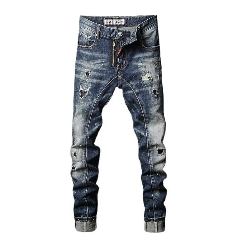 Street Fashion Men Jeans Retro Blue Elastic Slim Ripped Jeans Men Embroidery Patched Spliced Designer Hip Hop Biker Pants Hombre