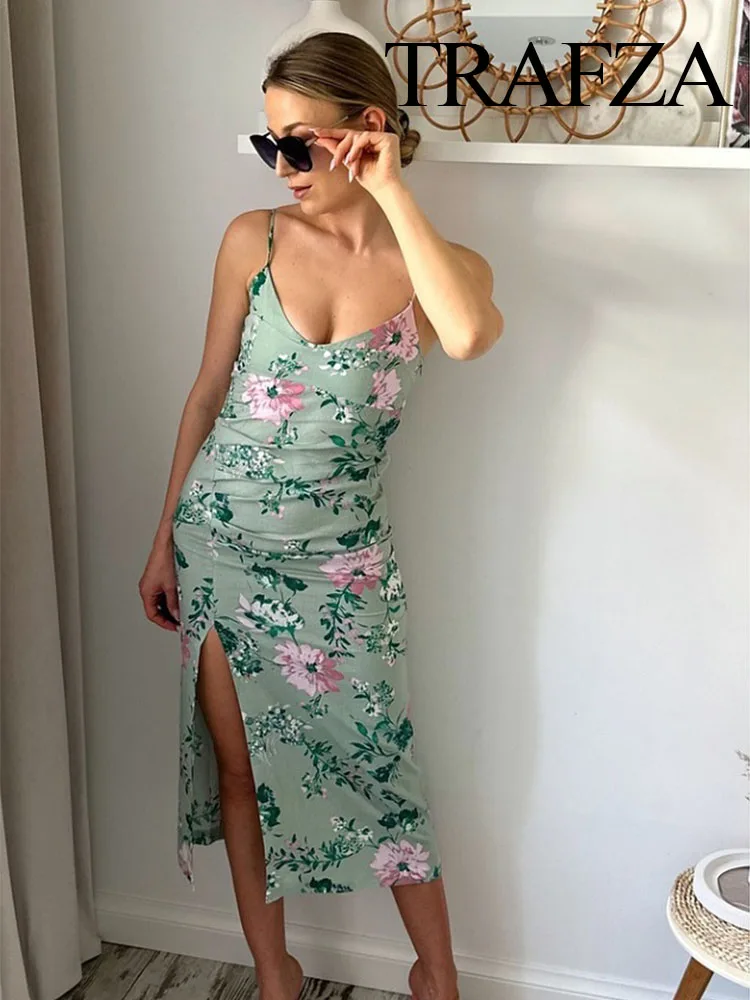 

TRAFZA Women Fashion Chic Print Fold Zipper Decoration Mid-Length Dress Woman Sexy Sleeveless Backless Beach Party Slip Dress