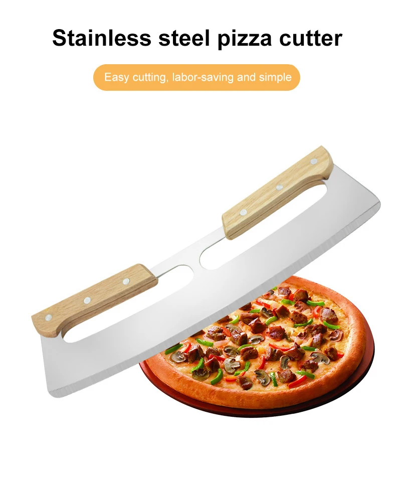 Description Picture 2 of itemPizza Cutter Stainless Steel Pizza Knife Pastry Roller Cutter Home Kitchen Utensils Accessories Wooden Handles Pizza Cutter