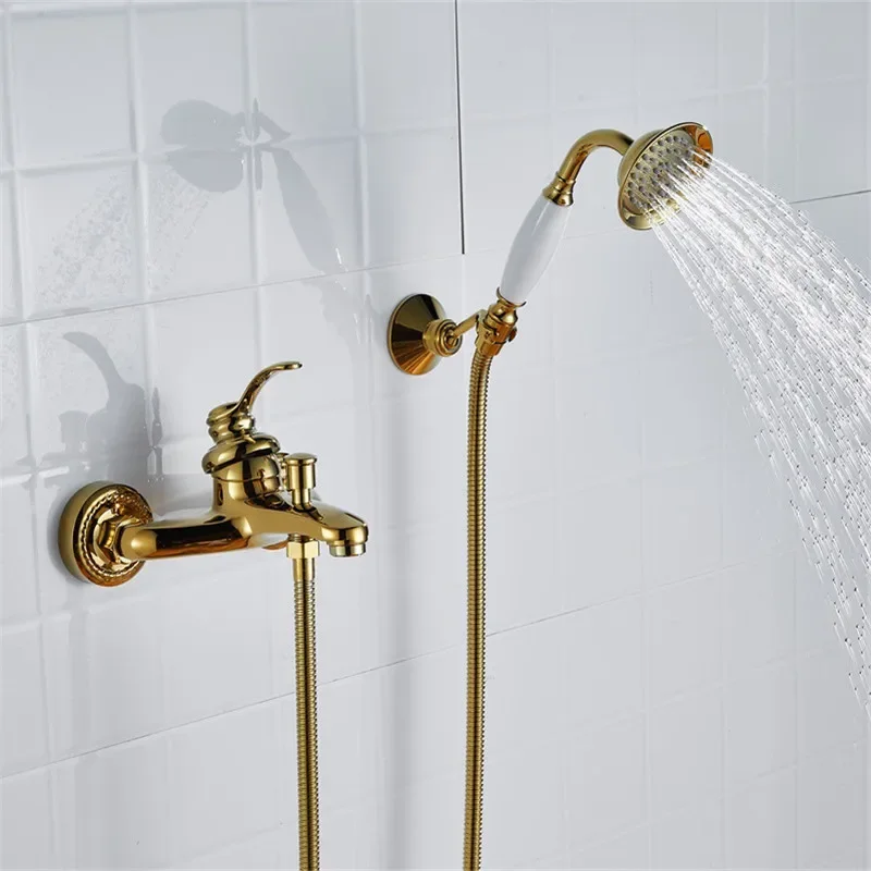 Gold Bathtub Shower Faucet Set Wall Mounted Antique Bath Bathroom Cold and Hot Bath and Mixer Taps Brass