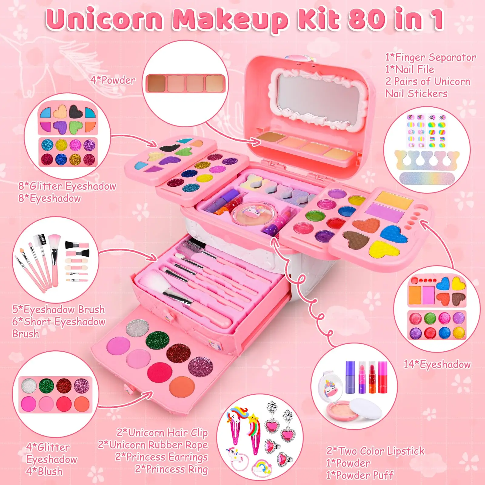 80 PCS Kids Makeup Kit for Girls 5 6 7 8 Years Old, Unicorn Girls Toy for Little Birthday, Princess Dolls Dress Up Toy