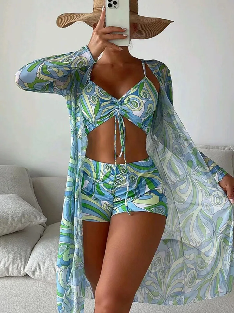 Tropical High Waist Bikinis 2023 Sexy 3Piece Bikini Set Cover Up Swimsuit for Women Long Sleeve Swimwear Beach Wear Bathing Suit