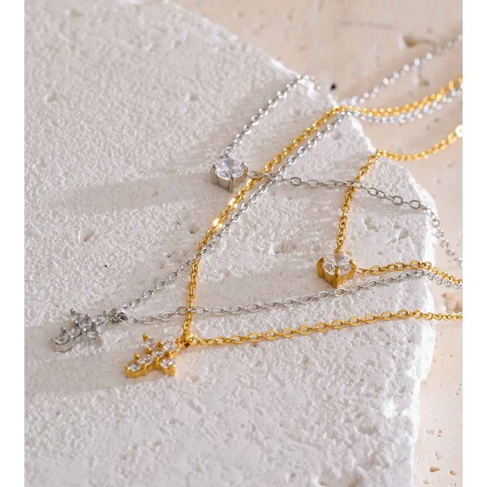 Yhpup Double-Layer Chain Zirconia Cross Pendant Necklace Stainless Steel