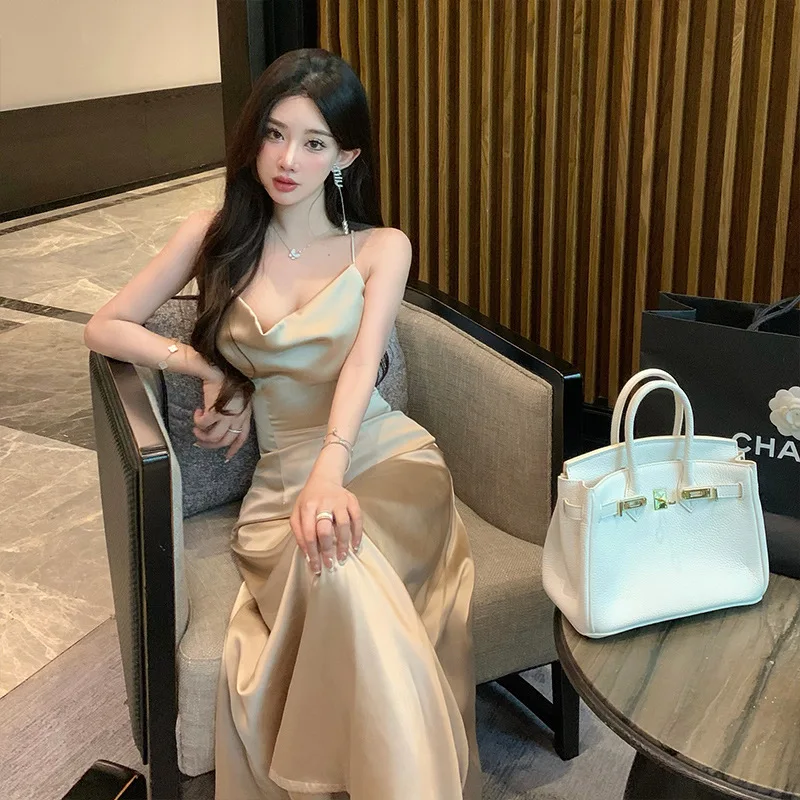 

Sexy backless beach long skirt slim swing collar cinched waist will slip dress summer vestidos para mujer elegantes y bonitos