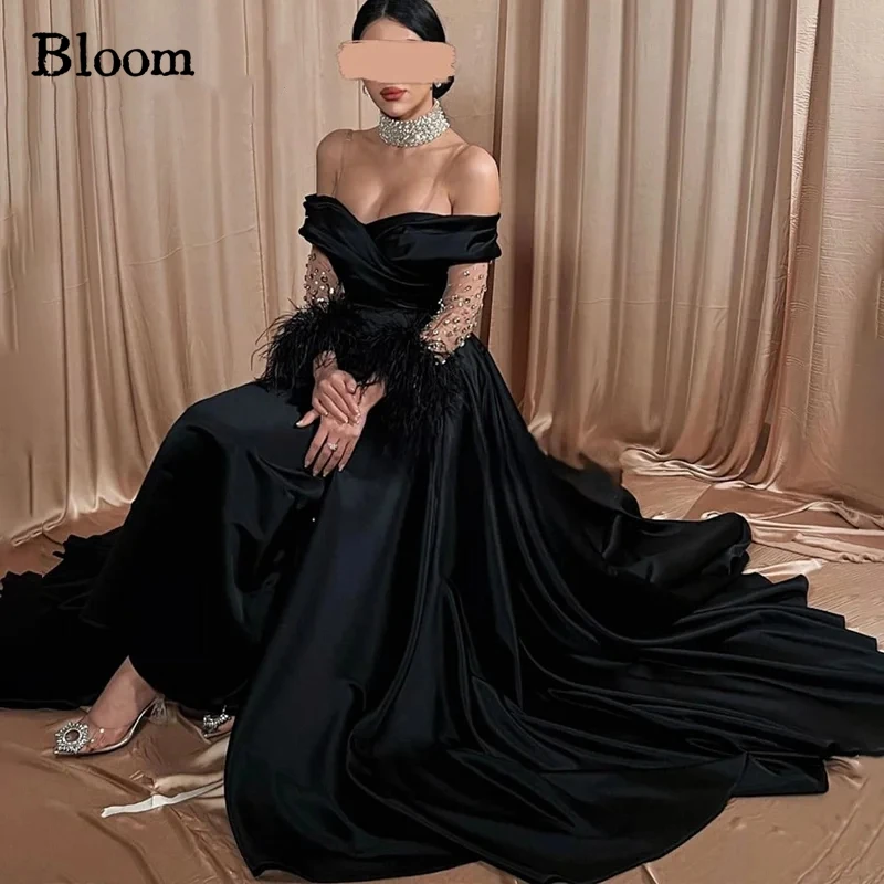 

Bloom Graceful Crystal Sleeves Prom Dresses Off Shoulder Feathers Long Tail Evening Dresses Wedding Party Gown Free Shipping