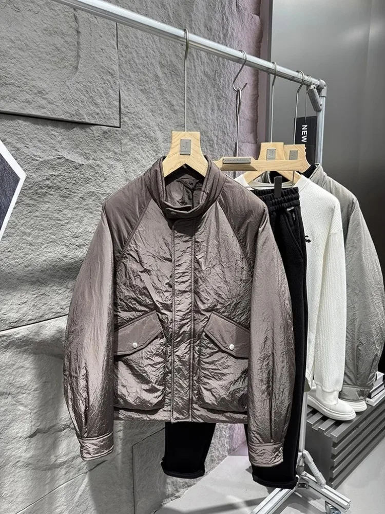 Stand Collar Casual Mens Down Coat Fashion Design High Street Long Sleeve Outerwear Solid Color Zipper Loose Fit Warm Men Coat