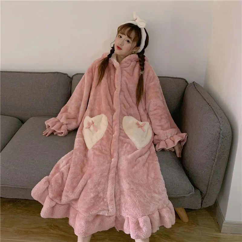 Kawaii Hooded Nightgowns For Women Winter Warm Bathrobe Sleepwear Pajamas Dress Cute Cartoon Long Robe Homewear Long Night Gown