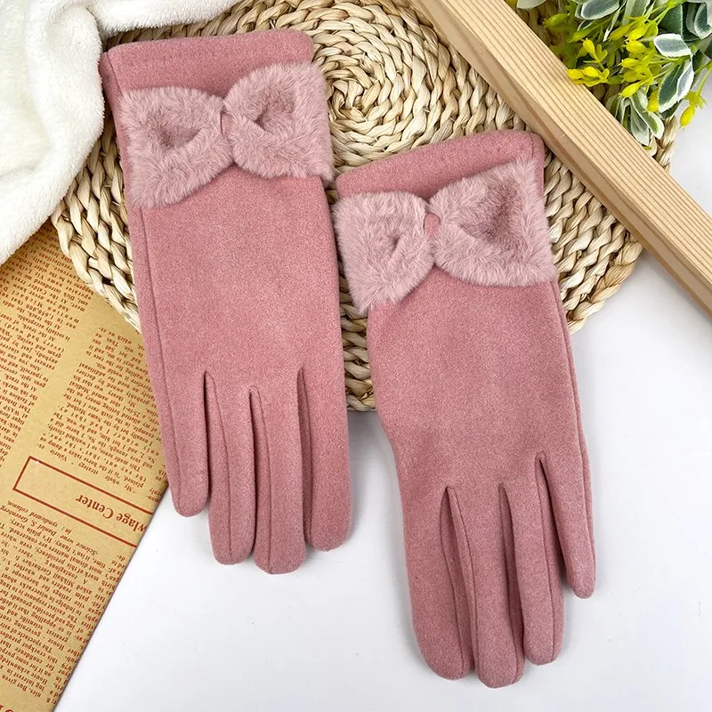 

New Grace Fashion Lady Gloves Women Winter Vintage Mittens Touch Screen Driving Keep Warm Bow-knot Velvet Thickened Glove