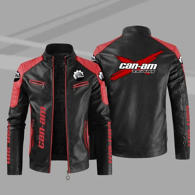 Can-am Red Label Motorcycle Warm Fleece-lined Leather Jacket European Style Color Blocking Men's Windproof Pu Leather Jacket