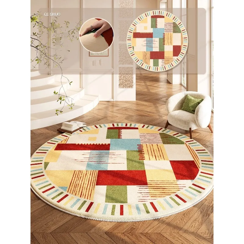 Round Living Room Carpet Retro Geometric Patchwork Abstract Bedroom Rug Colorful Striped Sofa Coffee Table Mat 러그 Ковер Alfombra