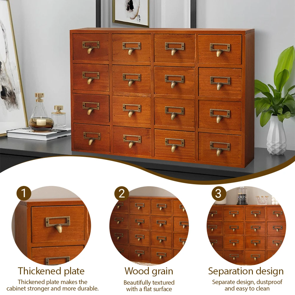 Card Catalog Cabinet with 16 Drawers Traditional Apothecary Cabinet Multifunction Rustic Wood Desk Drawer for Countertop 3