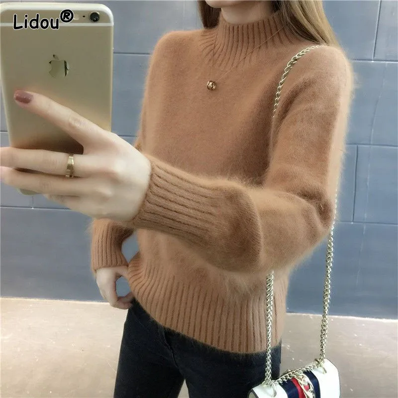 

Autumn Winter Mink Cashmere Thick Sweaters Chic Ladies Cloths Half High Collar Screw Thread Street Casual 2022 New Simplicity
