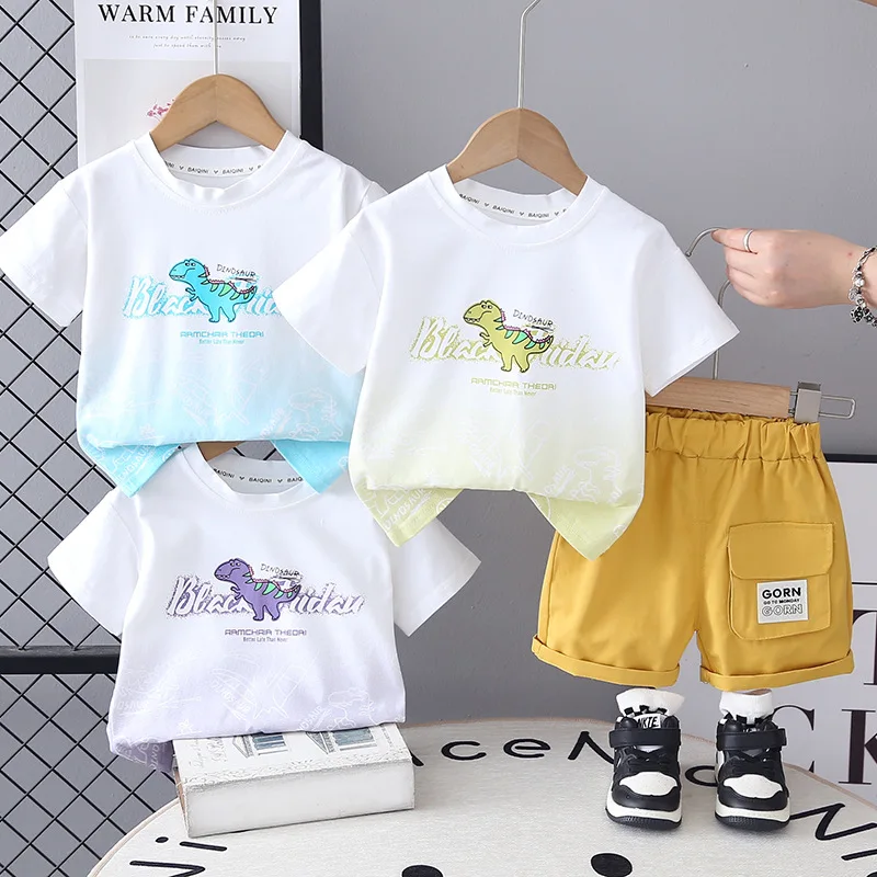소년 공룡 인쇄 티셔츠 반바지 세트 어린이 여름 캐주얼 2Pcs 복장 어린이 패션 반팔 탑 옷