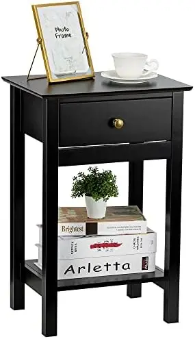 

Stand Small Side Table with Drawer & 1 Shelf, 2 Tier Brown End Table with Storage, Wood Side Tables Living Room Table Bedsid Tea
