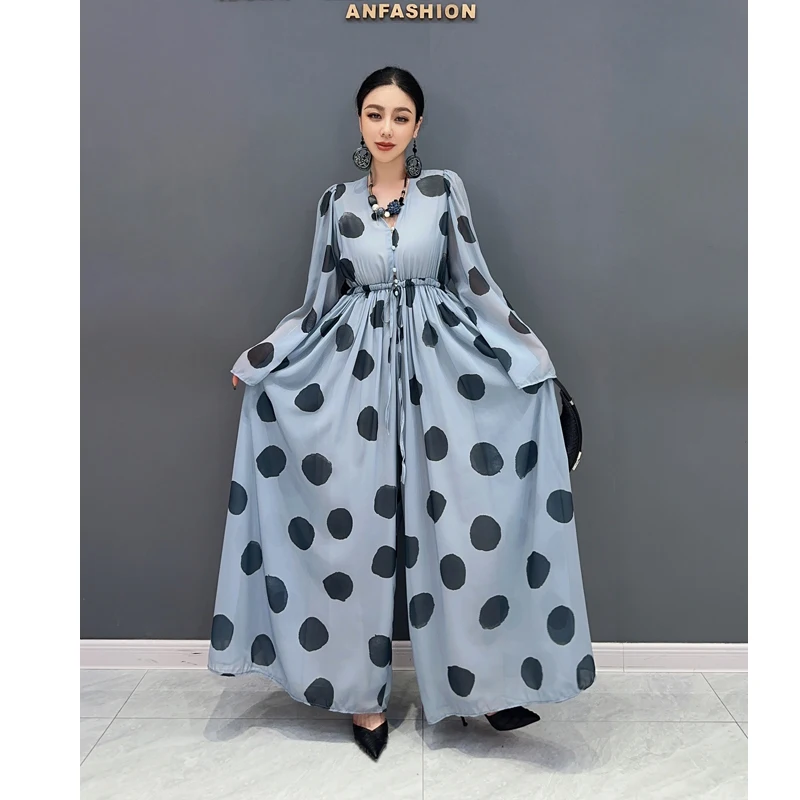 

SuperAen Spring/Summer 2024 New Chiffon Printed Polka Dot Jumpsuit V-neck Long Sleeve Long Wide Leg Jumpsuit