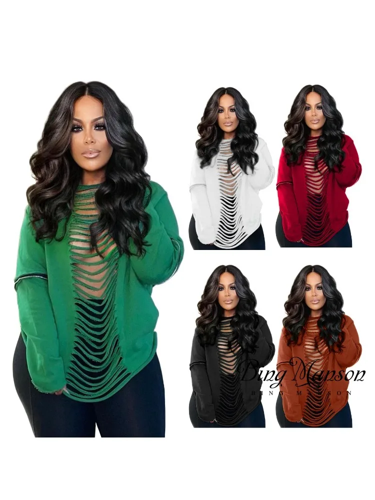 

Женский свитер с длинным рукавом, Однотонный свитер с перфорацией и спереди или сзади, осень 2023