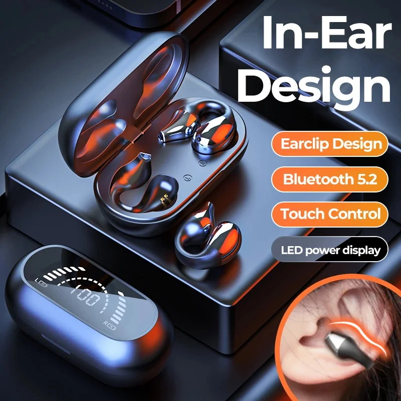 

TWS Wireless Headphones Bluetooth 5.2 Bone Conduction Earphones Earclip Design Touch Control LED Earbuds Sports Headset