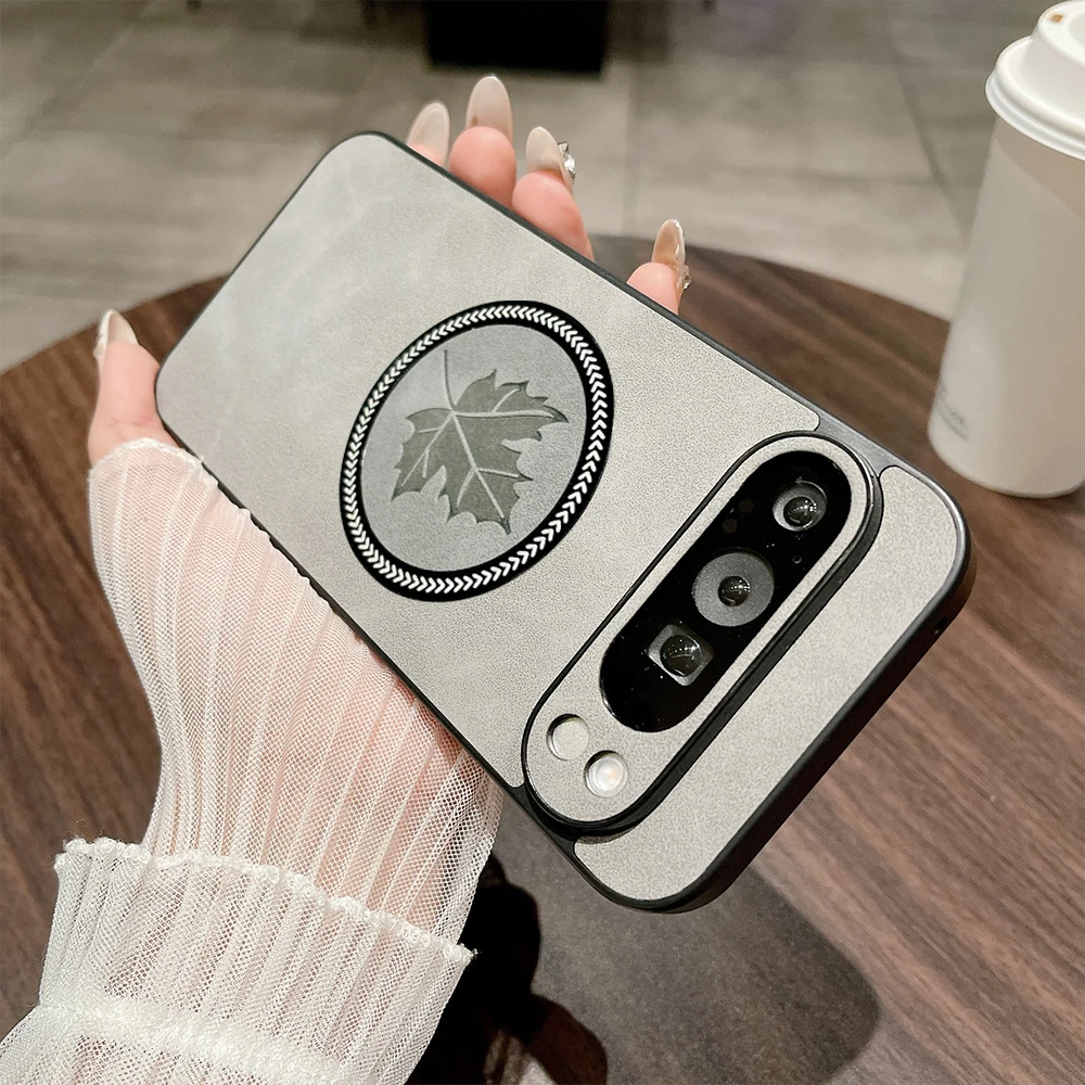 Retro Leather Maple Leaf Magnetic Phone Case with Magsafe Charging Compatibility