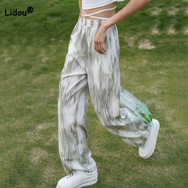 Summer Stylish Casual Gradient Tie Dye Pants Female Korean Chic Elastic High Waist Loose Wide Leg Trousers Women's Clothing fashion gothic high waist jeans women chic side hit color wide leg denim pants female harajuku y2k streetwear straight trousers