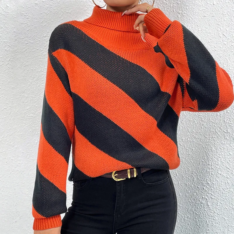 

Casual Loose Knit Sweater Pullover Autumn/Winter Women Pullovers Turtleneck Long Sleeves Contrast Diagonal Stripe Bottoming Tops