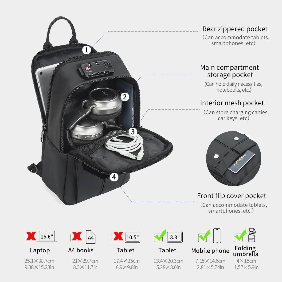 Lifetime Warranty Chest Bag Men 9.7inch IPad Pack Korean Style Shoulder Bag Waterproof Cross Bag Men' s Bag TSA Anti Theft Pack