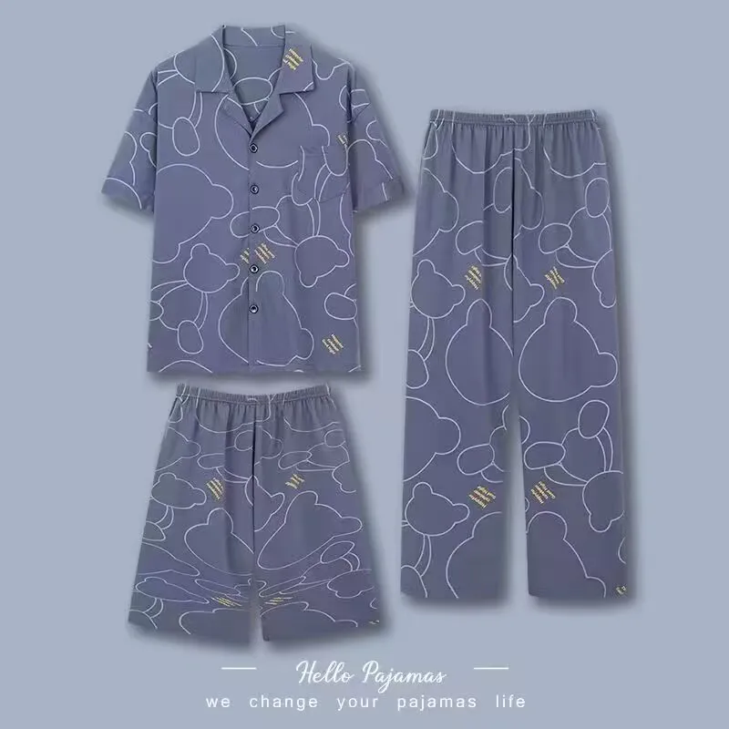Men's Pajamas Loungewear Three-Piece Set Cotton Spring and Summer Short Sleeve Shorts Trousers