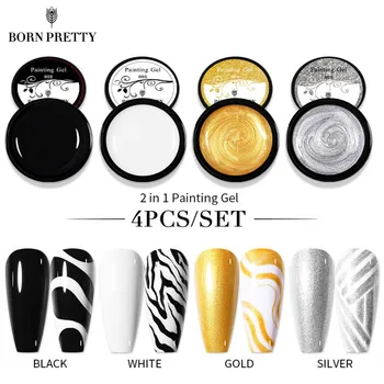 BORN PRETTY 네일 페인팅 젤 세트, 블랙 화이트 페인트, 하이브리드 바니시, 드로잉 페인팅, UV LED 네일 젤 폴리시 세트, 2 인 1, 4 병