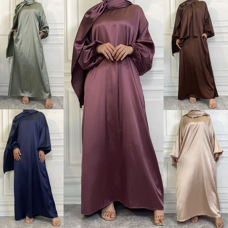 

Muslim Fashion Women Islamic Satin Dress Hijab Scarf Arabic Abaya Dubai Long Sleeve Eid Mubarak Turkish Dresses Modest Clothes