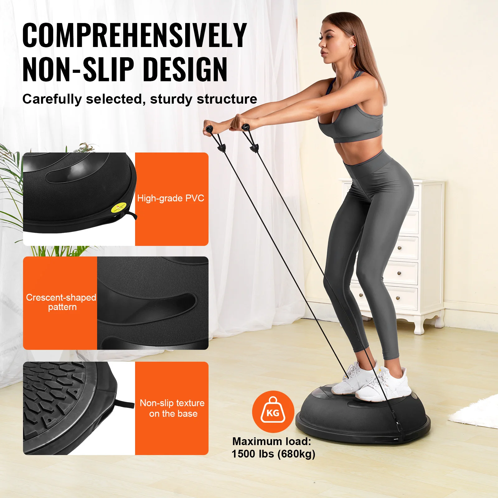 VEVOR Half Exercise Ball Trainer 26 inch Balance Ball Trainer 1500lbs Capacity Stability Ball Yoga Ball with Resistance Bands 4