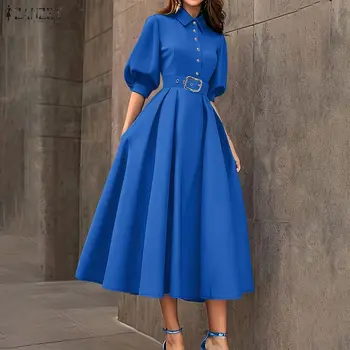 ZANZEA Abito Midi Elegante e Chic da Donna con Colletto Risvoltato, Mezza Manica a Lanterna, Vita Stretta, Vestito a Trapezio, Collezione Estate 2026