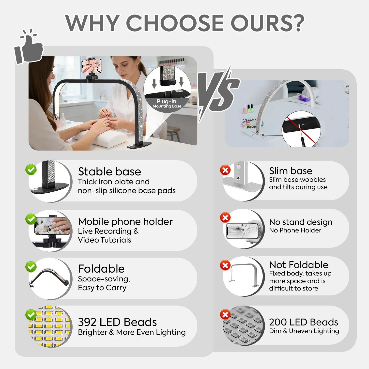 반달 모양 네일 라이트 25인치 접이식 반달 네일 데스크 램프 (휴대폰 거치대 포함) 3가지 색상 모드 10단계 밝기 조절 네일 라이트