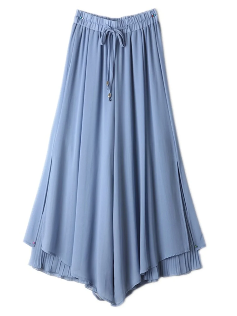 Summer Casual Sle Ice Silk Thin Wide Leg Pants High Waist Nine Points Women's Skirt Pants Long Trousers Korean Version