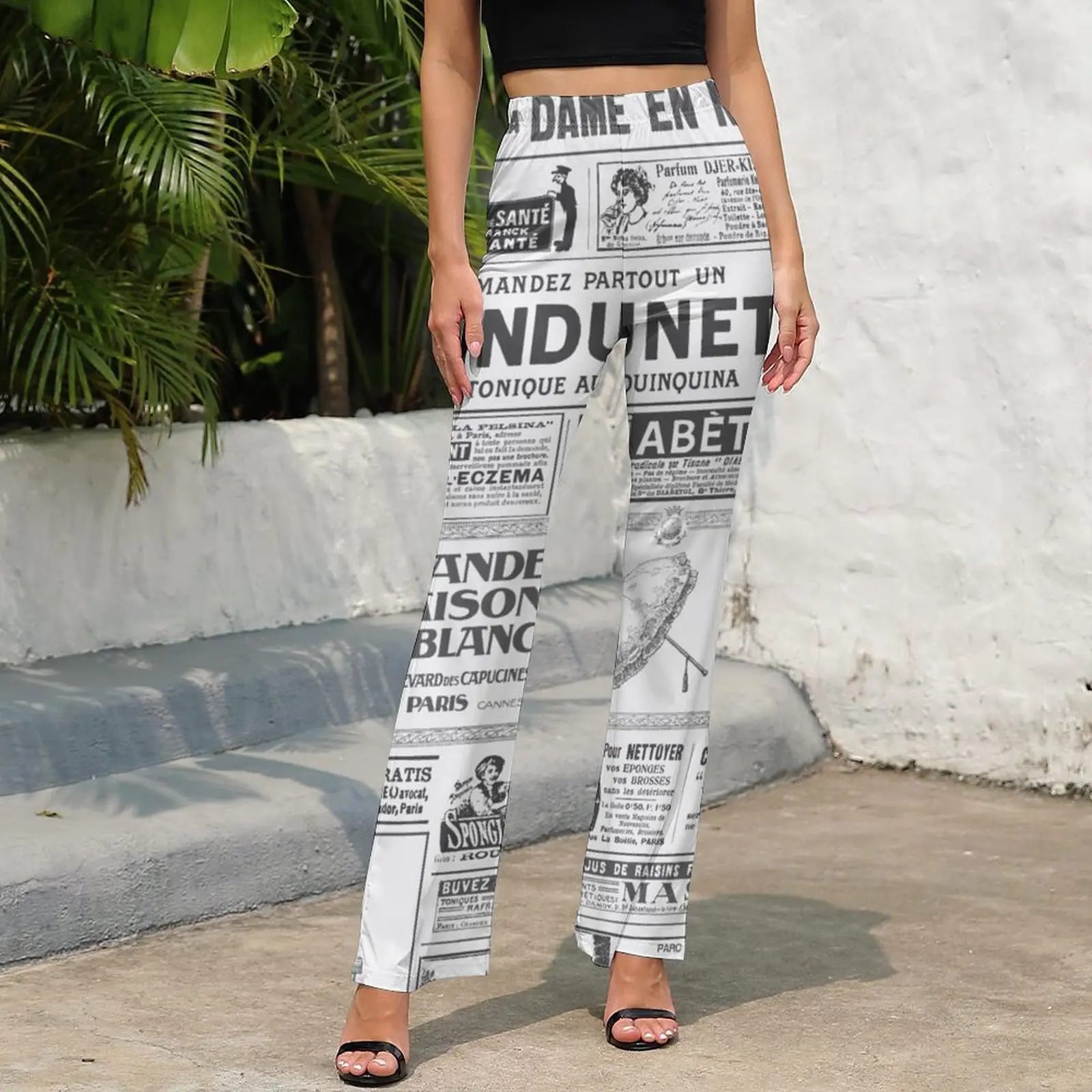 Cool Newspaper Pants Vintage Print Elastic Waist Kawaii Flare