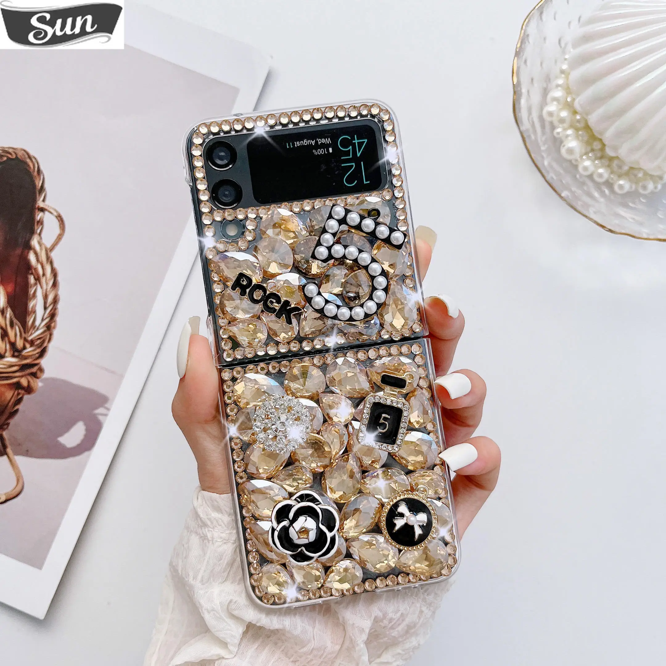 

Чехол-книжка ZFlip5 с блестящими бриллиантами, браслетом и цепочкой для Samsung Galaxy Z, флип 4 5G Z, флип-чехол с 3 блестящими стразами, цветочным бантом, роскошная задняя крышка