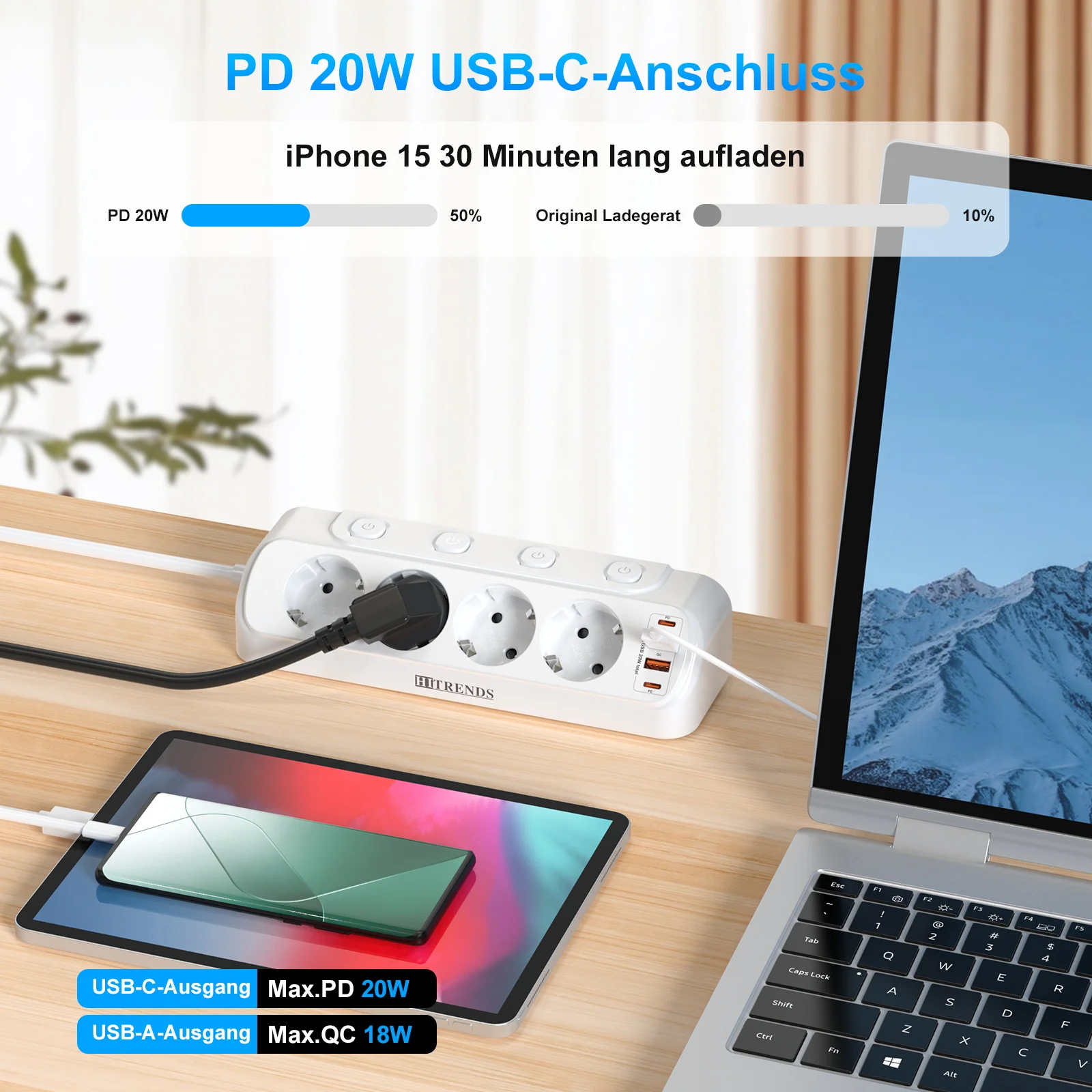 Eu Plug Multi-Function Power Board 2 USB-A and 2 USB-C Fast Charging Power Adapters 2 m Extension Cord Independent Switch White - 3