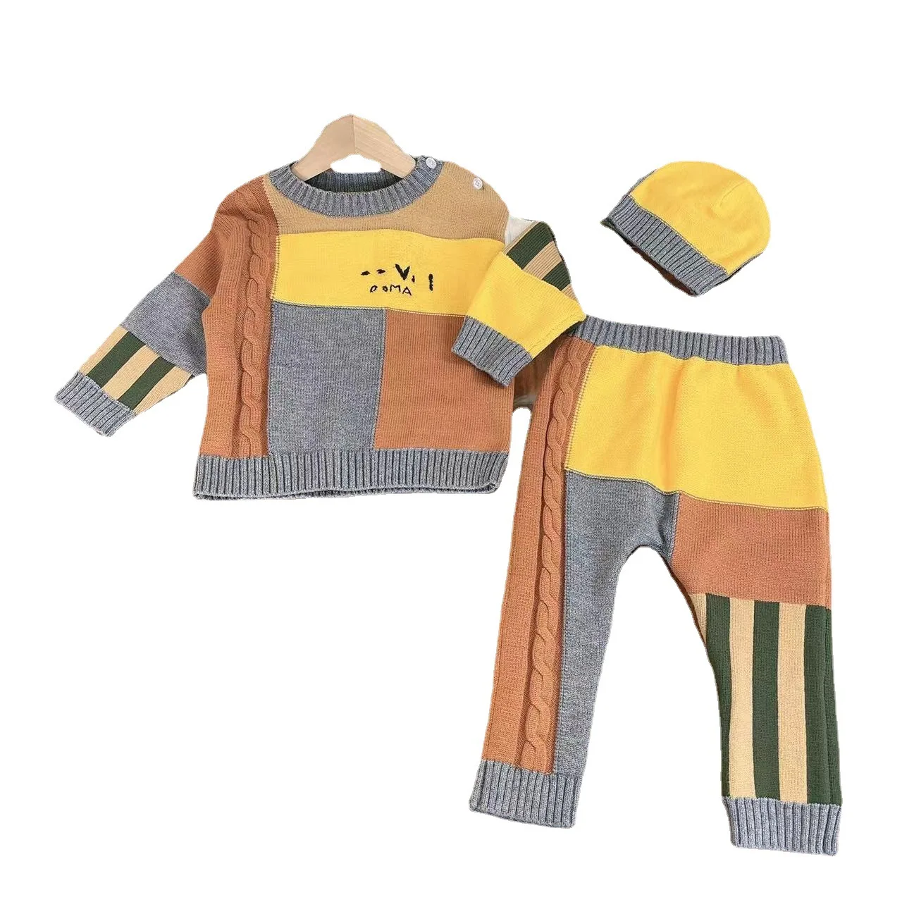 High-end Children's Clothing 2022 Winter New Boys Custom Sweater Knitted Sweater + Hat + Knitted Hat Three-piece Trousers Sets