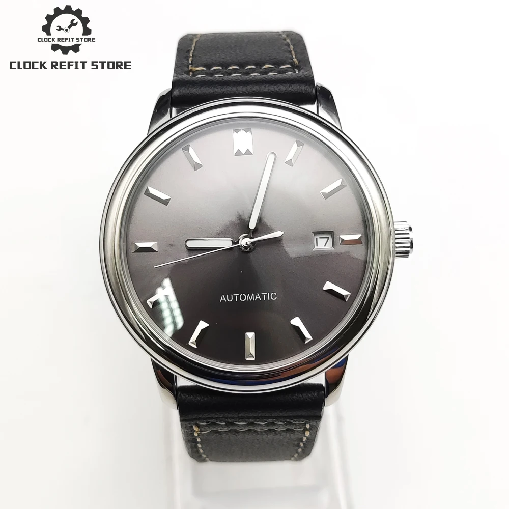 

Luxury 39mm grey dial men's watch mechanical solid case automatic movement men's clock leather strap