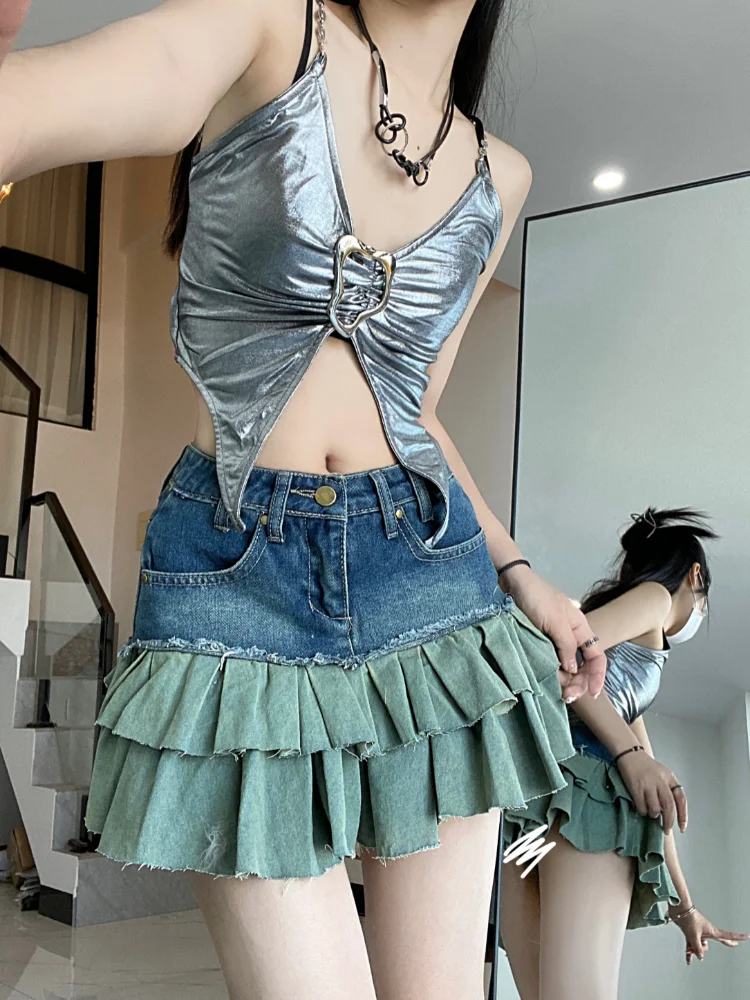 

Women's Patchwork Ruffled Denim Short Skirt New Summer Color Contrast Design Young Girls Mini Female A-line Pleated Skirt
