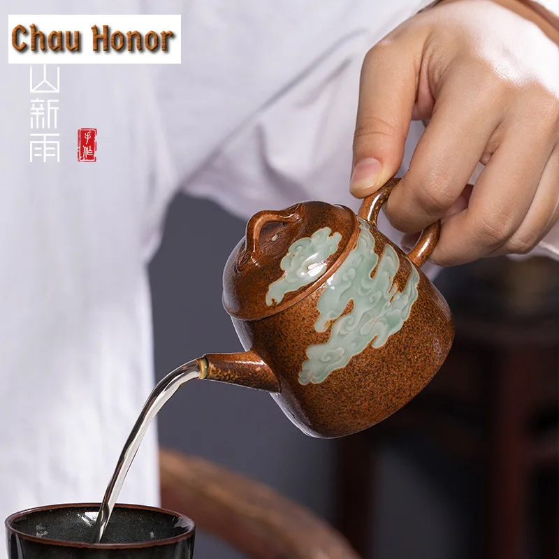 120ml Handmade Wood-fired Celadon Teapot Retro Tea Infuser Qin Quan Pot Tea Brewing Kettle With Strainer Chinese Tea Set Craft