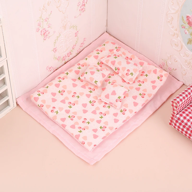1:12 Dollhouse Miniature Four-Piece Bedding Set - Bed Sheet, Quilt, Pillow, and Quilt Cover Decor
