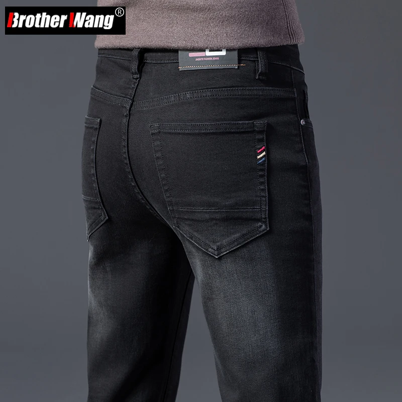 

Autumn Classic Men's Stretch Slim Fit Jeans Business Casual Frayed Black Stretch-cotton Denim Pants Male Brand Trousers