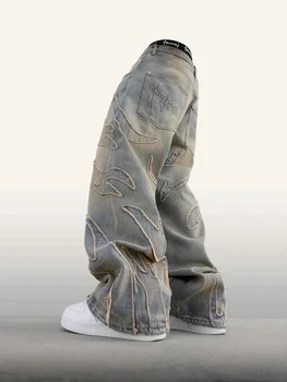 2024 American New Fashion Patch Baggy Casual Jeans For Men And Women Y2K High Street Harajuku High Waist Wide Leg Denim Trousers 1