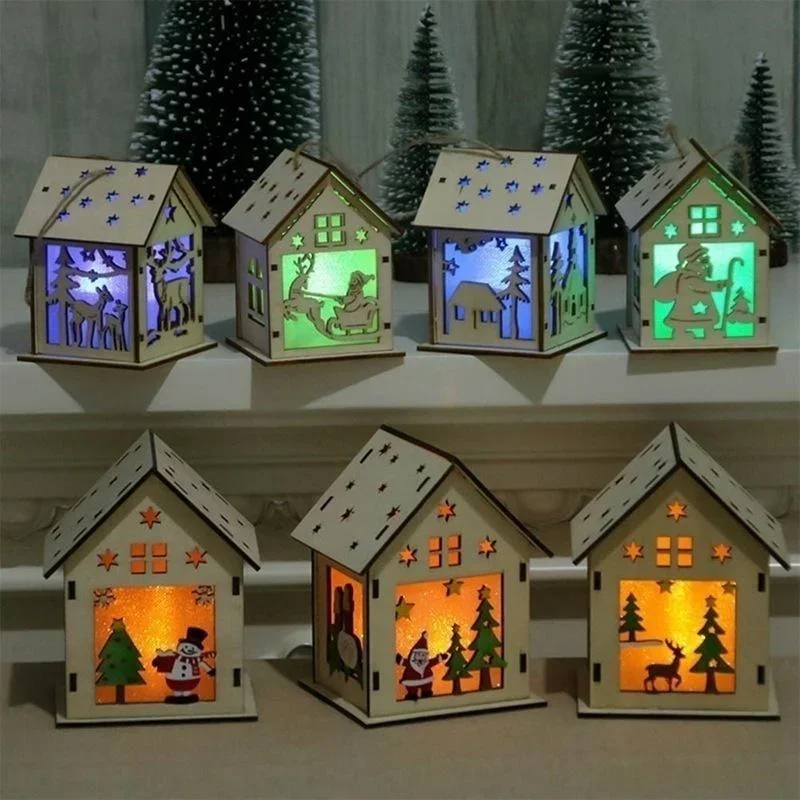 New Christmas Led Light Wood House Cute Christmas Tree Hanging Ornaments Holiday Decoration Home Decoration Accessories