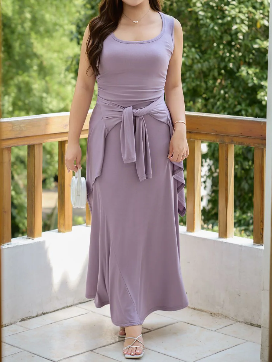 Plus Size Women's Sets Premium Fashion Side Pleated Slim Waist Modal Tank Top And A-Line Fishtail Long Skirt With Draping Effect