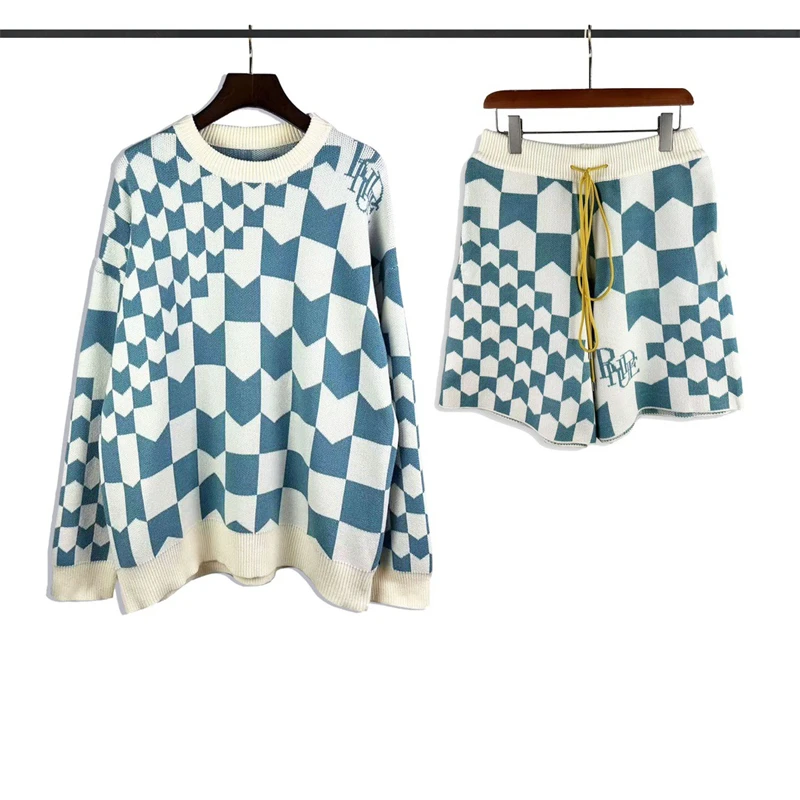 

23ss Blue Plaid Rhude Knit Jacquard Shorts Men Women 1:1 High Quality Drawstring Breeches