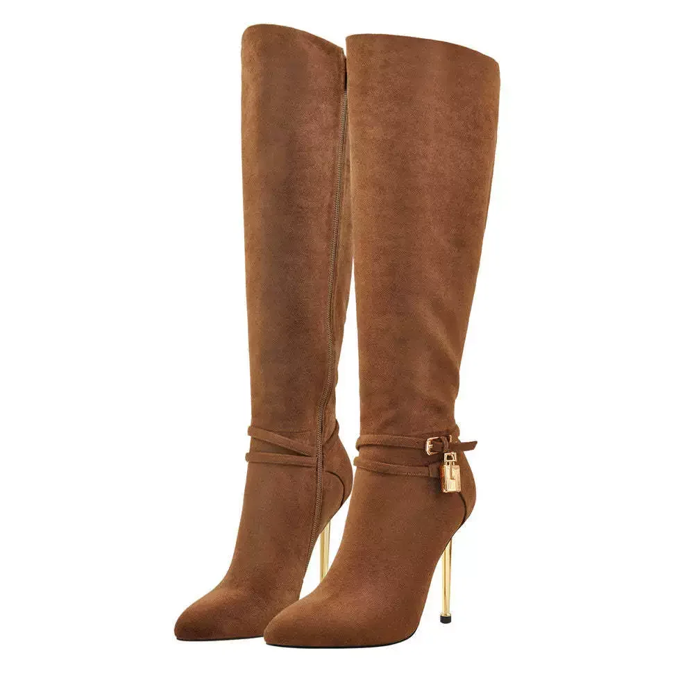 

2022 Winter New Pointed Toe Stiletto Ultra High Heel Gold Plated Heel Side Zipper Metal Buckle Knee Length Boots Women's Boots
